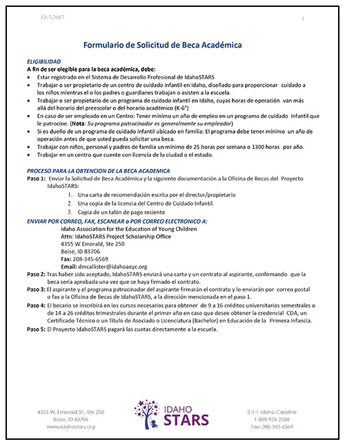 Cover sheet of IdahoSTARS Academic Scholarship Application Form.