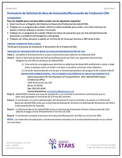 Cover sheet of IdahoSTARS CDA Assessment / Renewal Scholarship Application Form.