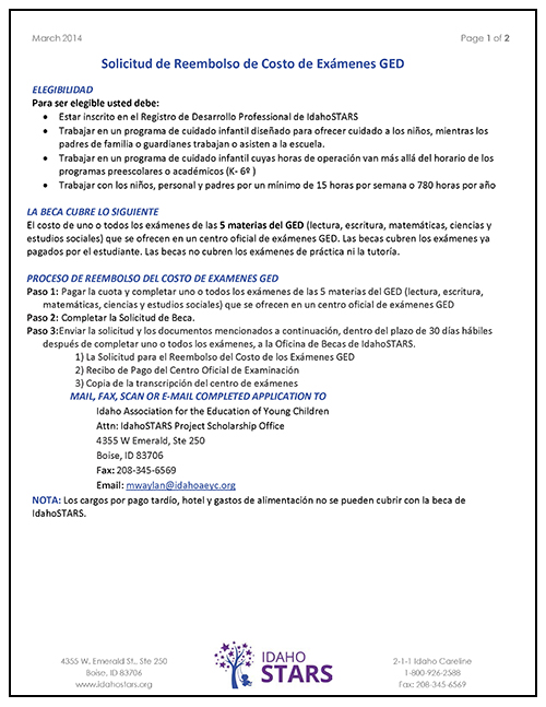 Cover sheet of IdahoSTARS GED Testing Reimbursement Scholarship Application Form.