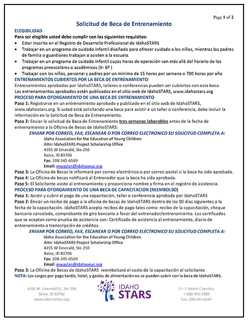 Cover sheet of IdahoSTARS Training Scholarship Application Form.