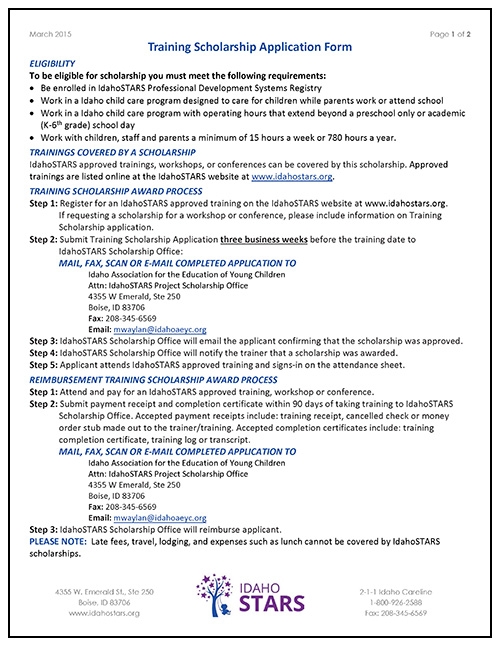 Cover sheet of IdahoSTARS Training Scholarship Application Form.